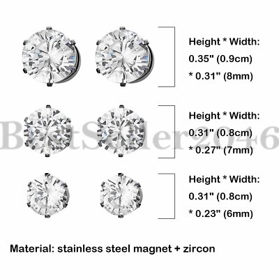 Stainless Steel Round Cut Clear CZ Magnetic Stud Earrings Non-Piercing Clip On