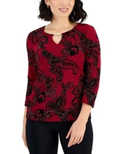 Jm Collection Petite Paisley Glitter Jacquard Keyhole Top Cherry Pie Combo SZ PM