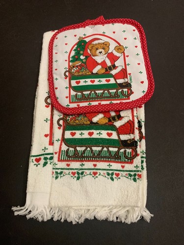 Vintage Teddy Bear Santa Clause 2 Kitchen Towels & Pot Holder 3-Piece Set NOS