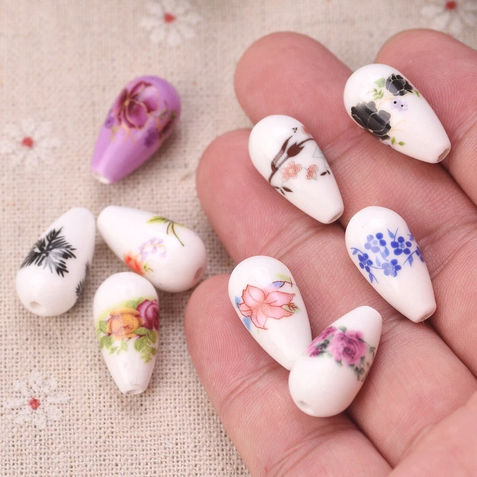 10pcs Flower Patterns 10x20mm Teardrop Shape Ceramic Porcelain Loose Beads Lot - Image 3 of 3