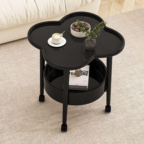 2-Tier Flower-Shape Side Table,Coffee Table with 4 Wheels,Cute Tray Table,Small - Picture 3 of 7
