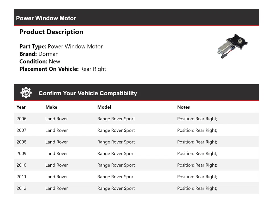 Двигатель заднего правого стеклоподъемника с электроприводом для Land Rover Range Rover Sport Dorman 2006-2012 годов выпуска - Изображение 2 из 4