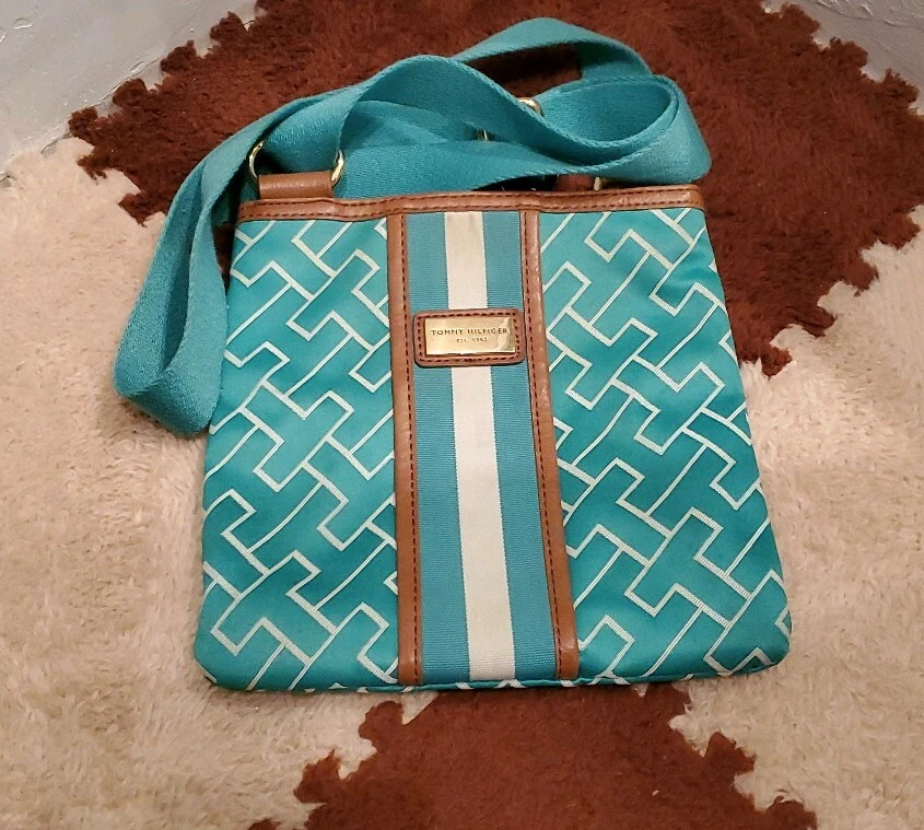 Womens TOMMY HILFIGER Colorful Teal cream Brown Small Tote Purse