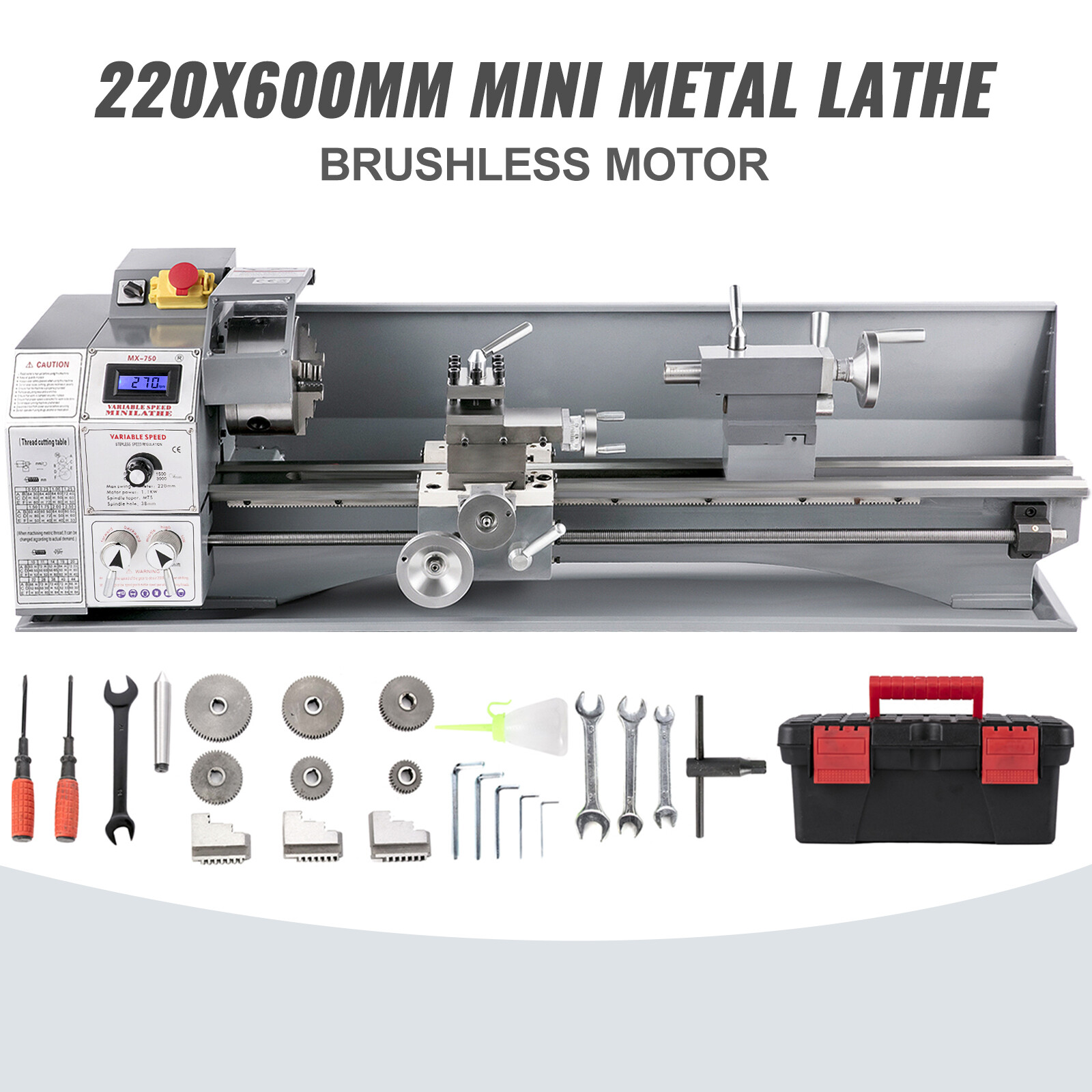 Metal Lathe 220x600mm Brushless Mini Lathe 1100W Counter Face Turning