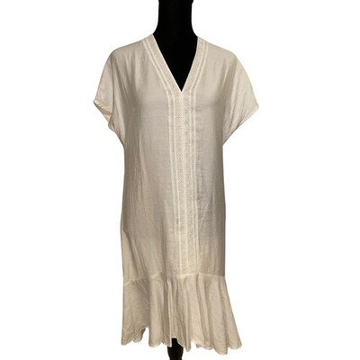 INDISKA Sweden White Shift Dress Cap Sleeve Hi-Lo Ruffle Lace Panel Detail XS
