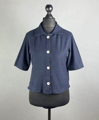 TOAST Navy Blue Textured Button Front Short Sleeve Top Size S