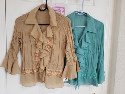 Jaipur size S Ruffle Lace Blouse Sheer Chiffon Button Front  Bell Sleeve Top