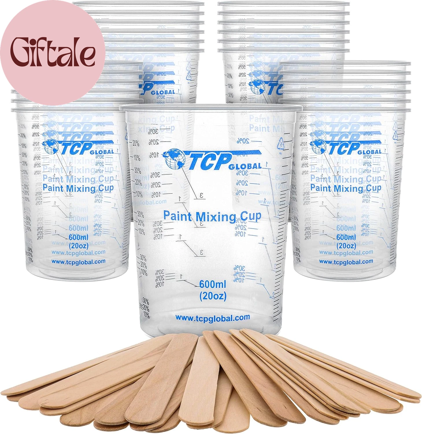 20 Oz. (600Ml) Graduated Plastic Mixing Cups - Box of 25 with 25 Mixing Sticks -