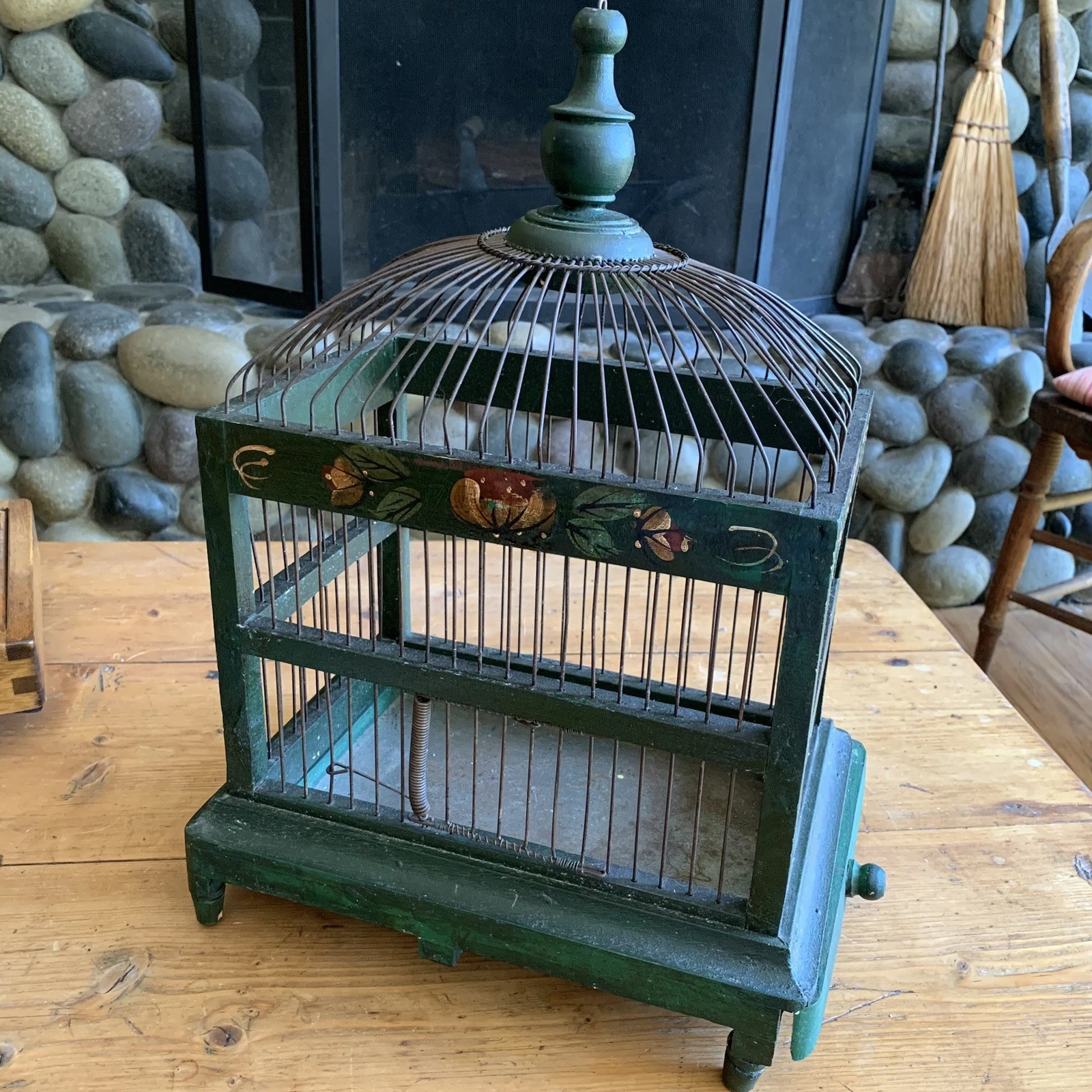 Vintage Hand Painted Wooden Birdcage 13 X 9 X 18” Green