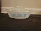 Vintage Glasbake Blue Thistle Oval Casserole Dish w/ Lid Milk Glass Baking Dish