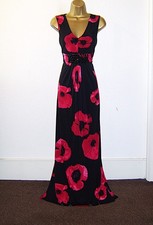 DEBENHAMS FAB BLACK RED JEWEL DESIGN EVENING PARTY HOLIDAY MAXI DRESS SIZE 12