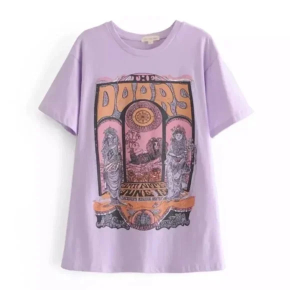 Lavender The Doors Rock Band Music Concert Graphic Oversized Tee T-Shirt Womens
