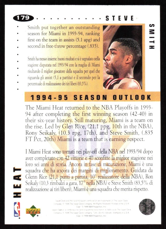 STEVE SMITH 1994-95 UPPER DECK CC GOLD SIG INTERNAT ITALIAN #179 TIP OFFS MIAMI - Image 2 of 3