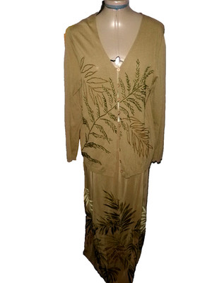 Vtg Josephine Chaus Long Silk Faux Wrap Botanical Skirt & Lightweight Cardigan L