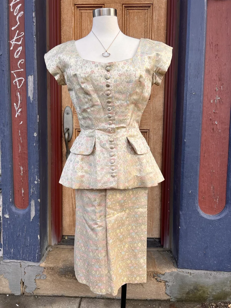 vtg 50s 60s Susy Perette Metallic Brocade Skirt Top Set Gold