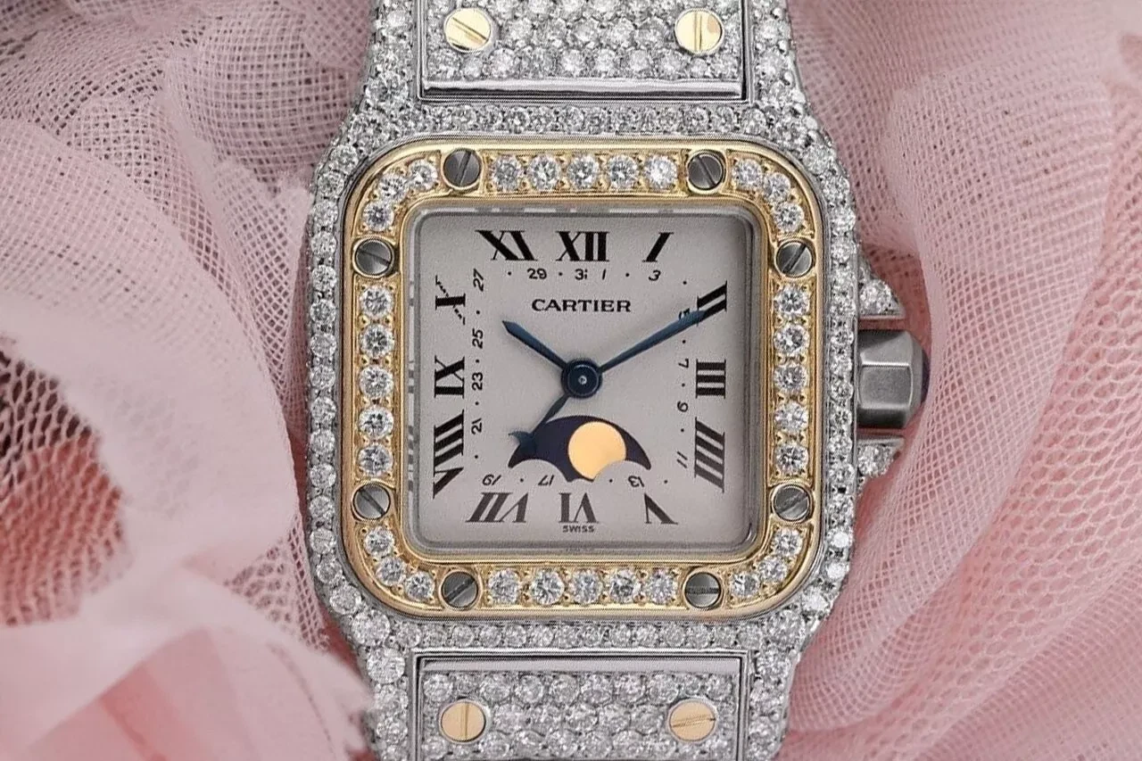 Cartier — Cartier Santos Galbee Moonphase Two Tone 24mm Iced-Out Diamond Watch