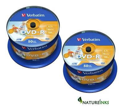 100 Verbatim 43533 Blank DVD-R 16x 4.7GB DVD Printable No-ID Discs Taiwan