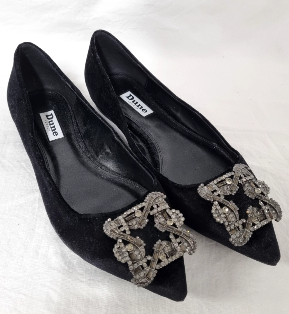 DUNE Ladies black flats, Briella, pointed, sparkly buckle, velvet
