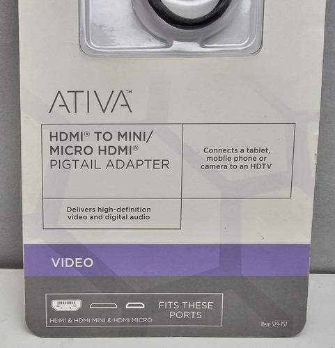 ATIVA HDMI To Mini/Micro HDMI Pigtail Adapter 529-757 Tablet Mobile Phone Camera - Picture 3 of 6