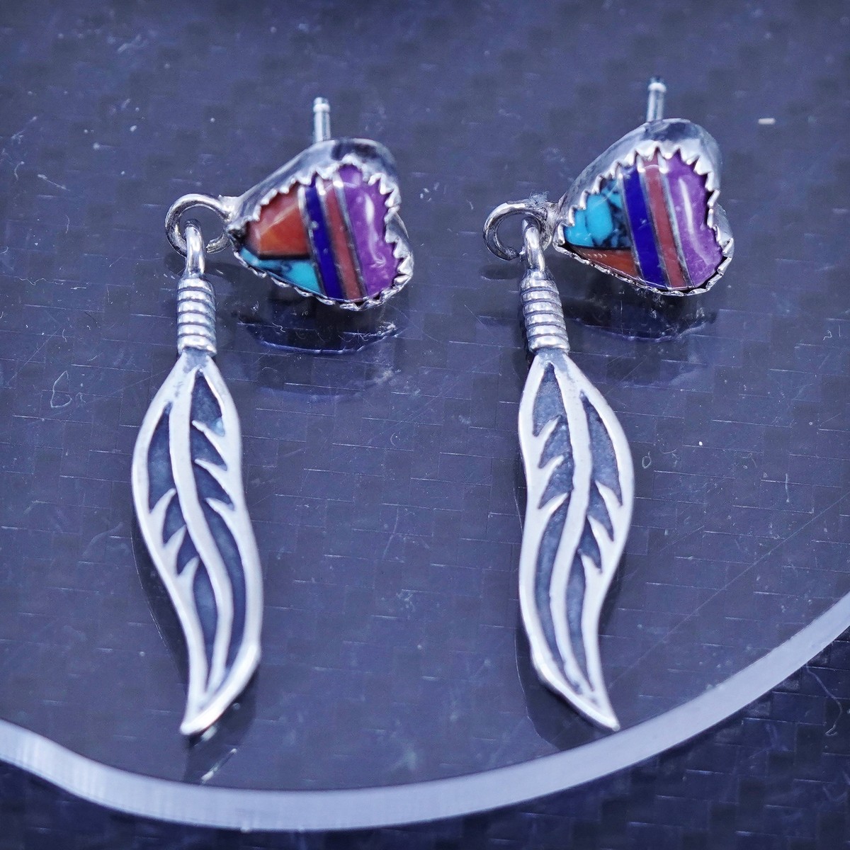 Masha Sterling silver earrings, Native American 925 heart studs feathers  dangle