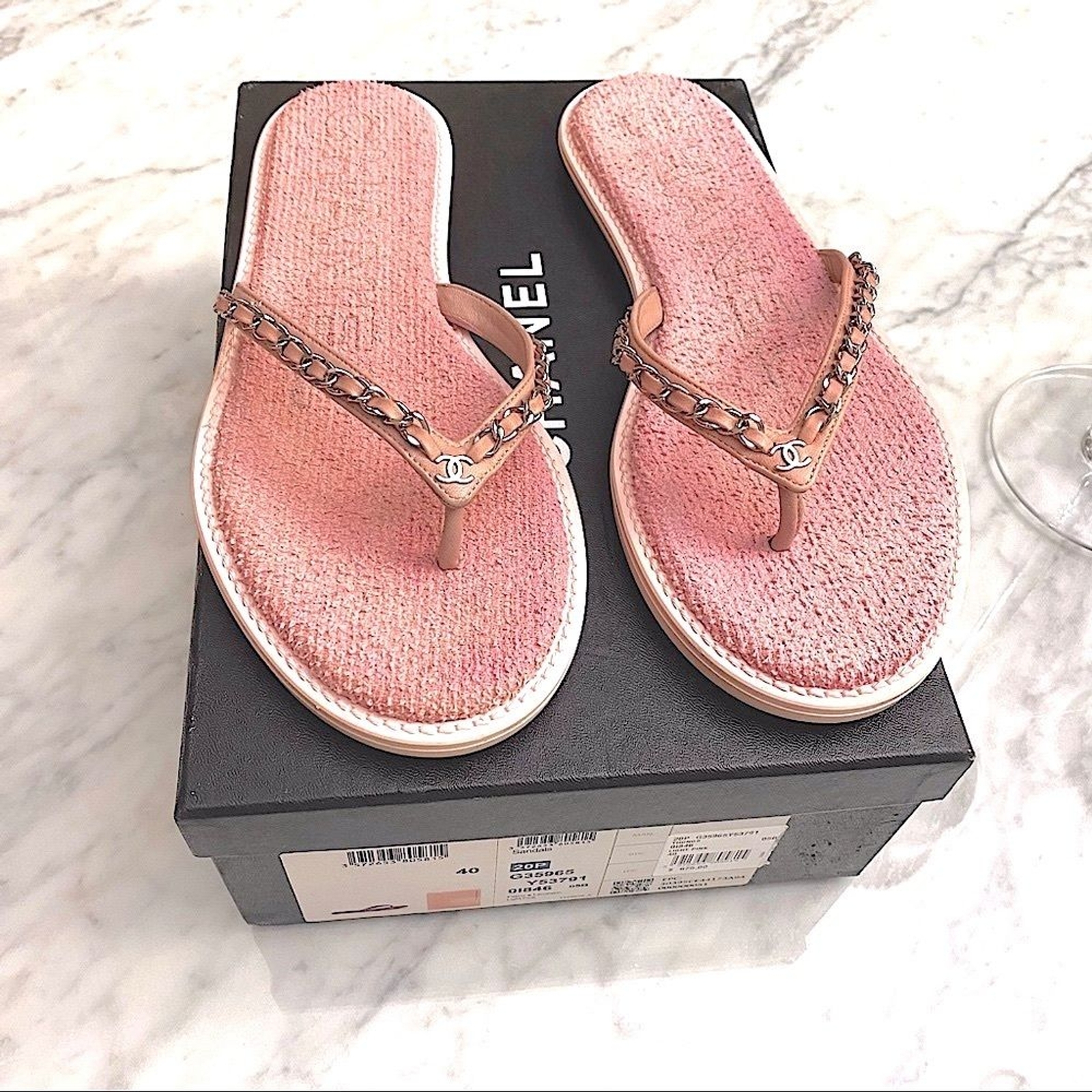 PANTOFOLA D’ORO ?CHANEL? Infradito Perizoma da Piscina Catena Argento Rosa EUR 40 US 8 5