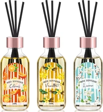 Reed Diffuser Set of 3 Pack, Linen Vanilla Citrus Scented Oil Diffuser with 15 S