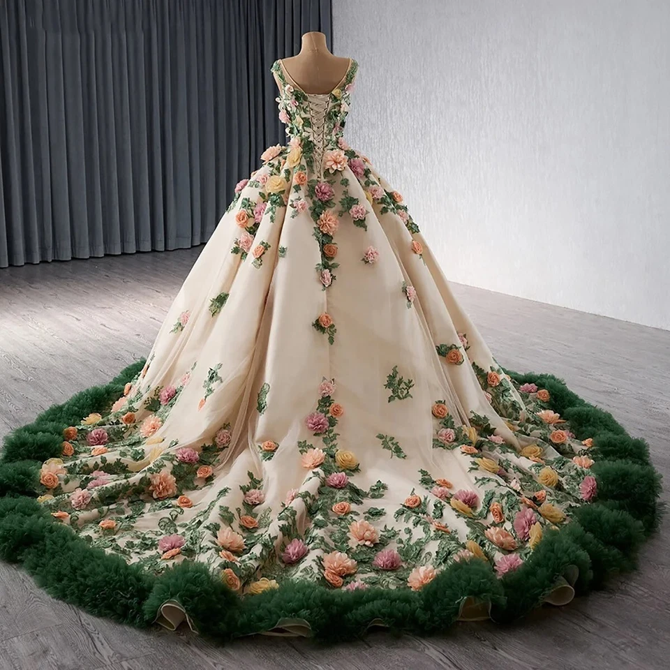 Vestidos de Novia Bordados 3D Flores Novia Vestidos de Baile Sin Mangas Corsé Espalda Foto 4 de 4