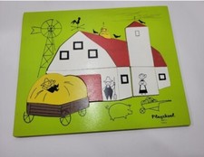 Vintage Playskool Wooden Tray Puzzle Farm Barn Hay Wagon Pig 3-6yr 15pc