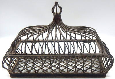 Vintage Wrought Iron Scrolled Decorative 2 Piece Basket Heavy Antique Patina 18''