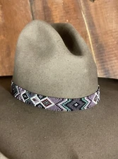 NATIVE DESIGN ORIGINAL Handmade PURPLE Beaded STERLING SILVER HAT BAND DEERSKIN