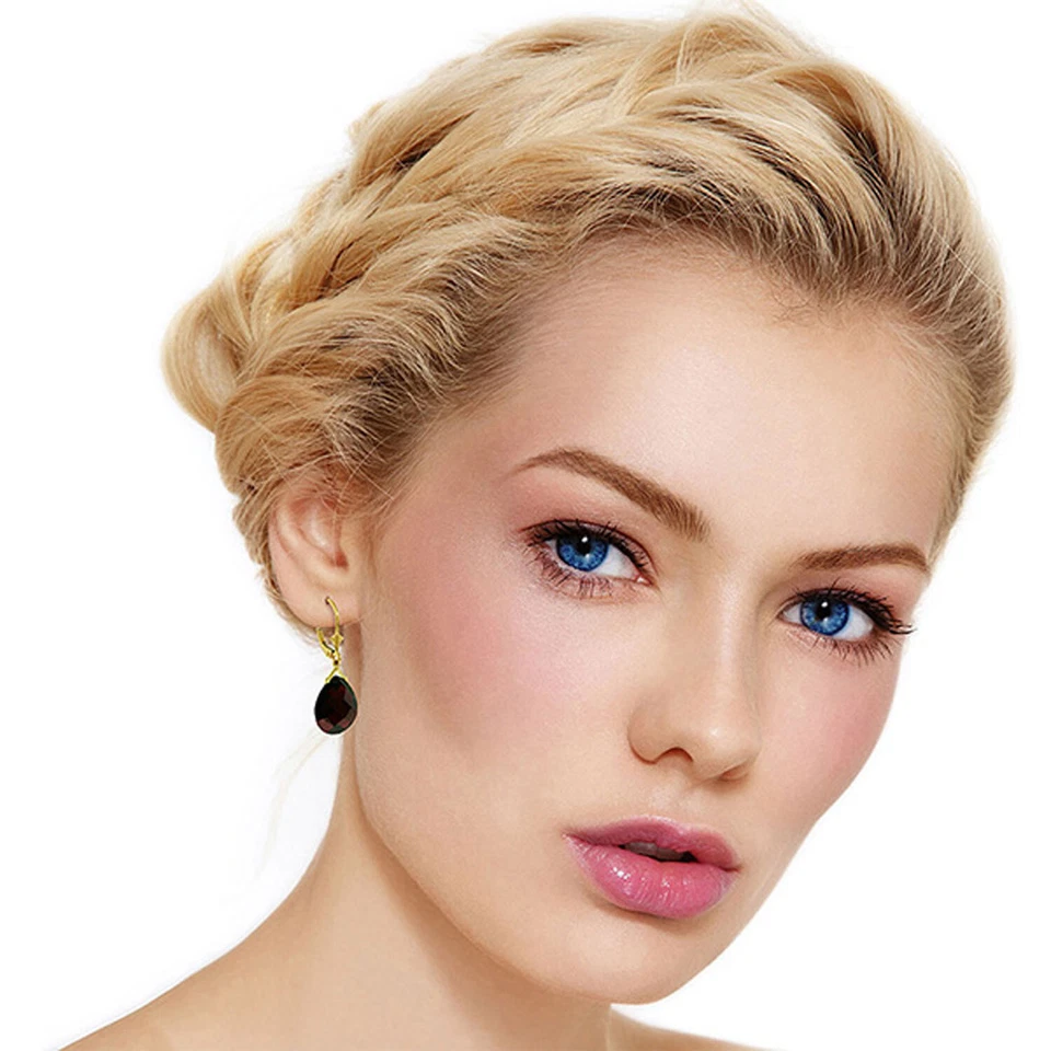 17 Carat 14K Solid Gold Leverback Earrings Checkerboard Cut Garnet - Image 3 of 4