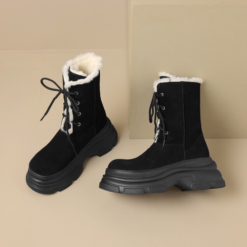 Women's Fashion Suede Leather Fur Lining Lace Up Platform Snow Boots Shoes MKSC  - Foto 13 di 14
