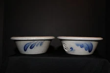 Rowe Pottery Vintage Pair (2) Apple Bakers Cobalt Blue Floral Design ~ 1991