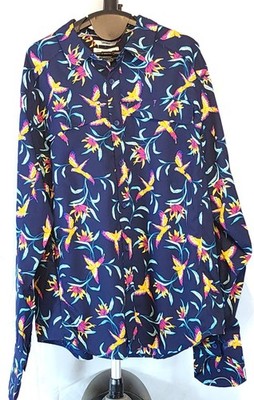 New Coolibar Mens Navy Blue Long Sleeve Shirt Size L Birds of Paradise UPF 50+