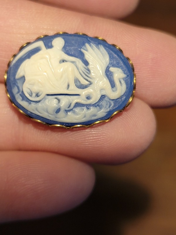 Blue White -Person Driving Chariot Pulled By Dragon Jasperware? Button In Metal