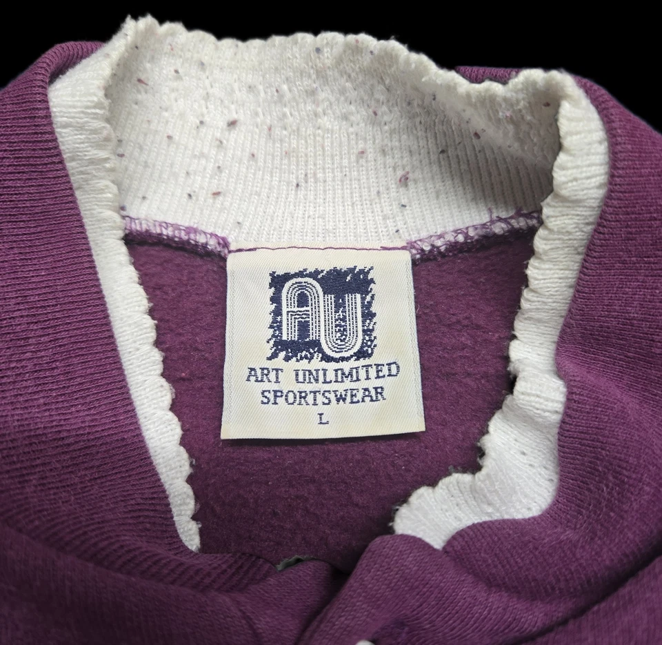 VTG 90s Art Unlimited Cabin Snow Scene Henley Sweatshirt Purple L Made USA - Image 3 of 4