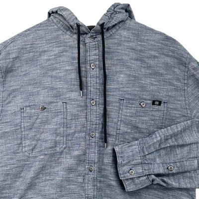 Rock & Republic Blue Chambray Hooded Button Down Shirt Roll Tab Sleeve Mens XL