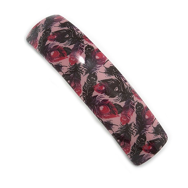 Barreta cuadrada/clip para el cabello con motivo de pluma rosa/negro - 85 mm de largo
