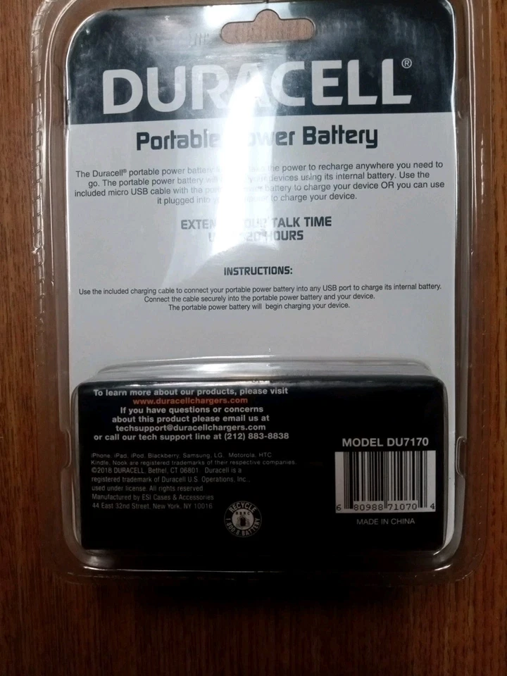 BANCO DE ALIMENTACIÓN PORTÁTIL DURACELL (DU7170), RECARGABLE CON ENCHUFE DE PARED Y CABLE DE CARGA Foto 4 de 4