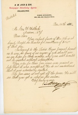 1886 N.W. Ayer & Son Philadelphia Advertising Agents Letter Ladies  Home Journal