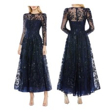 Mac Duggal Navy Sequin Sheer Lace Maxi Gown Prom Dress Womens 4 Long Sleeve