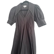 GANNI Black Puff Sleeve Midi Dress Contrast Stitch Collar V Neck Size 32