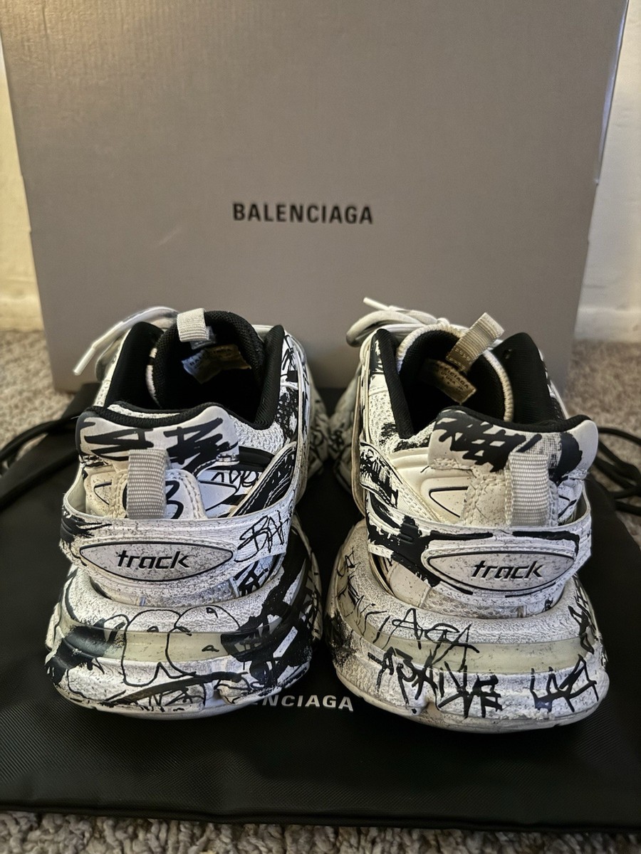 Mens BALENCIAGA 'Graffiti Print Track Sneakers' In White (Size 41