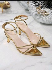 Women's Metallic Strappy Heel Sandals - Pointed Toe Ankle Strap Dress Shoes