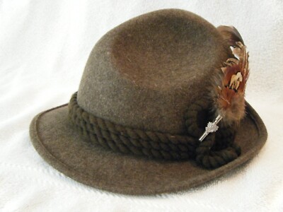   GERMANY ALPINE TYROLEAN FEDORA HAT BROWN W/ FEATHER ADOREMENT 100% WOOL 3PT8