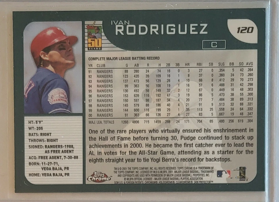 2001 Topps Chrome #120 Ivan Rodriguez Texas Rangers Baseball Card - Image 2 of 2