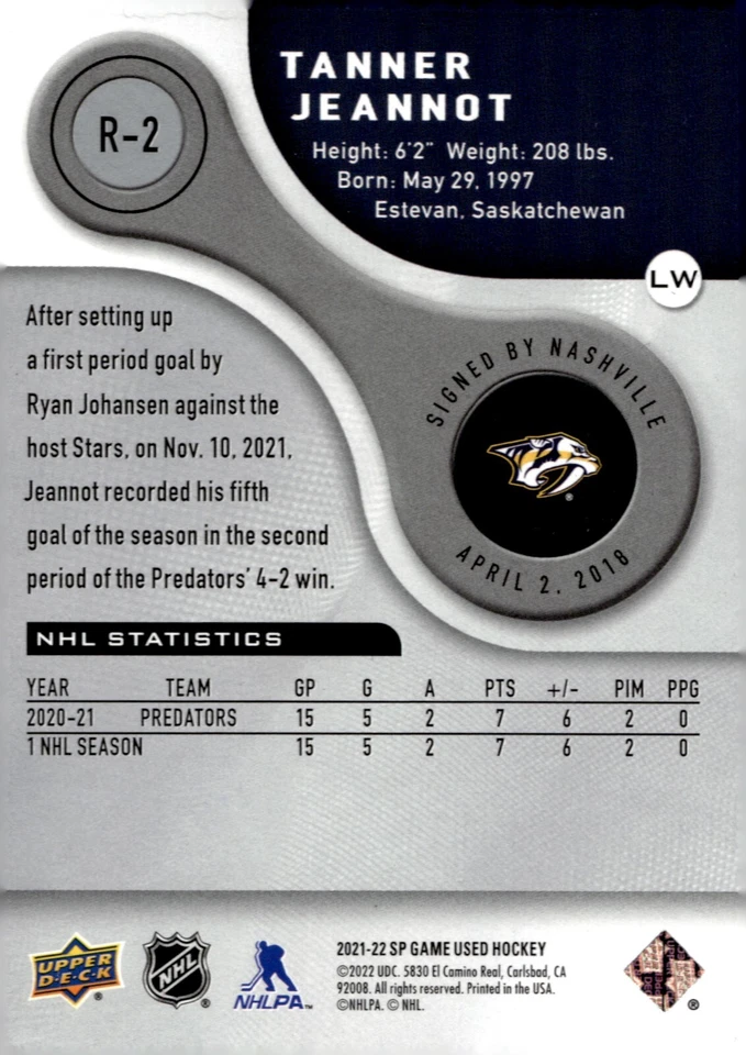Tanner Jeannot - Signed 2021-22 SP Game Used Authentic Rookie /999 Card #R-2 - Image 2 of 2