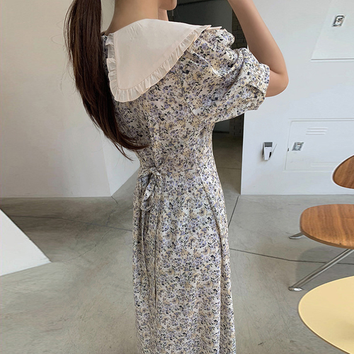 Vestito donna elegante bambola francese colletto floreale vita lunga manica corta vestito - Foto 2 di 13