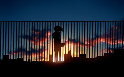 Anime girls anime dark sky sunlight fence girls city playmat gaming mat
