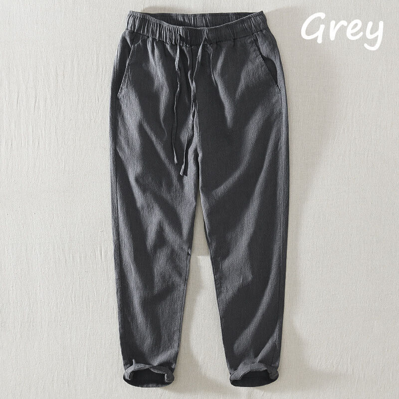 Men Cotton Linen Blend Pants Loose Cropped Casual Trousers Elastic Waist Bottoms